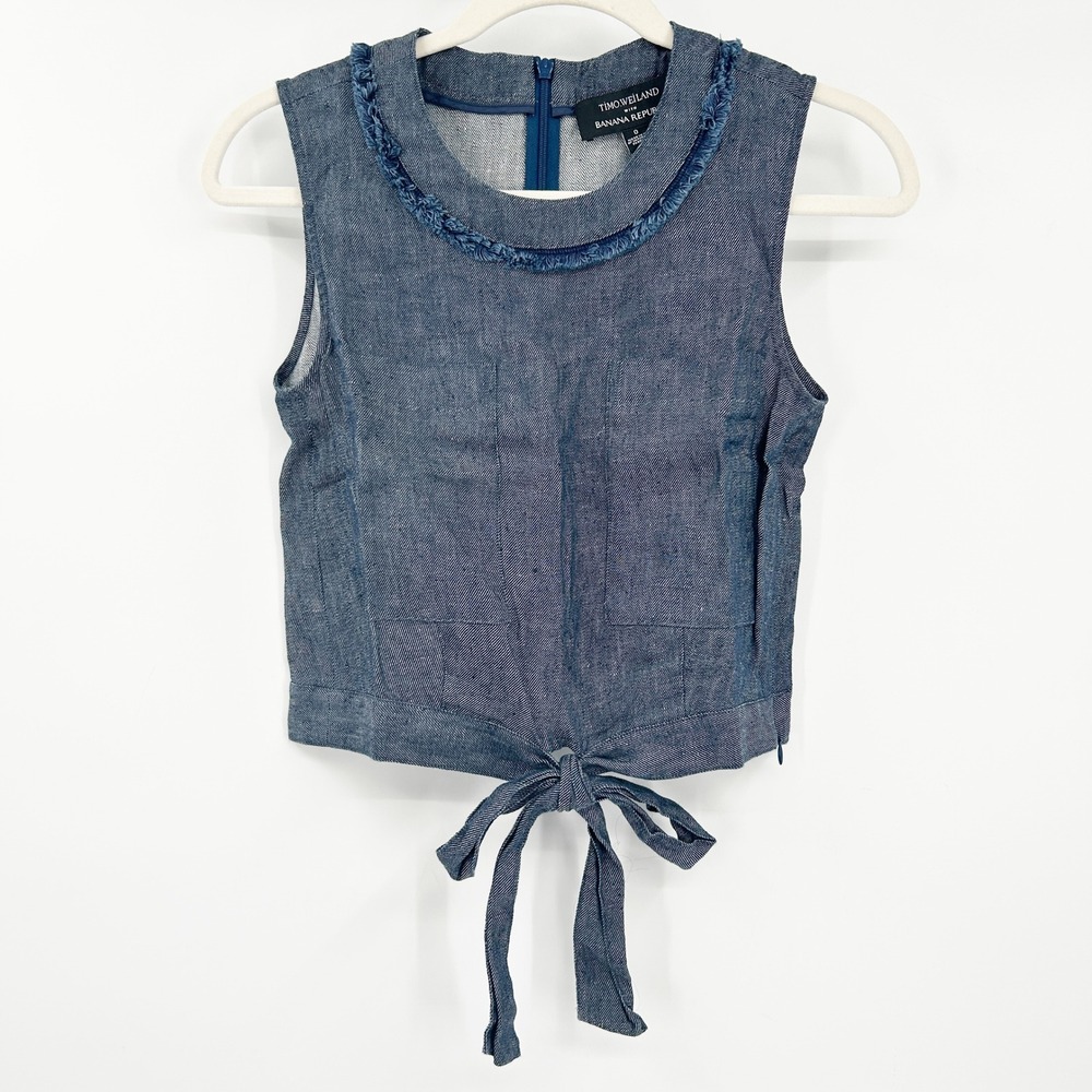 Timo Weiland x Banana Republic Linen Tie Front Top Womens Blue Chambray Size 0
